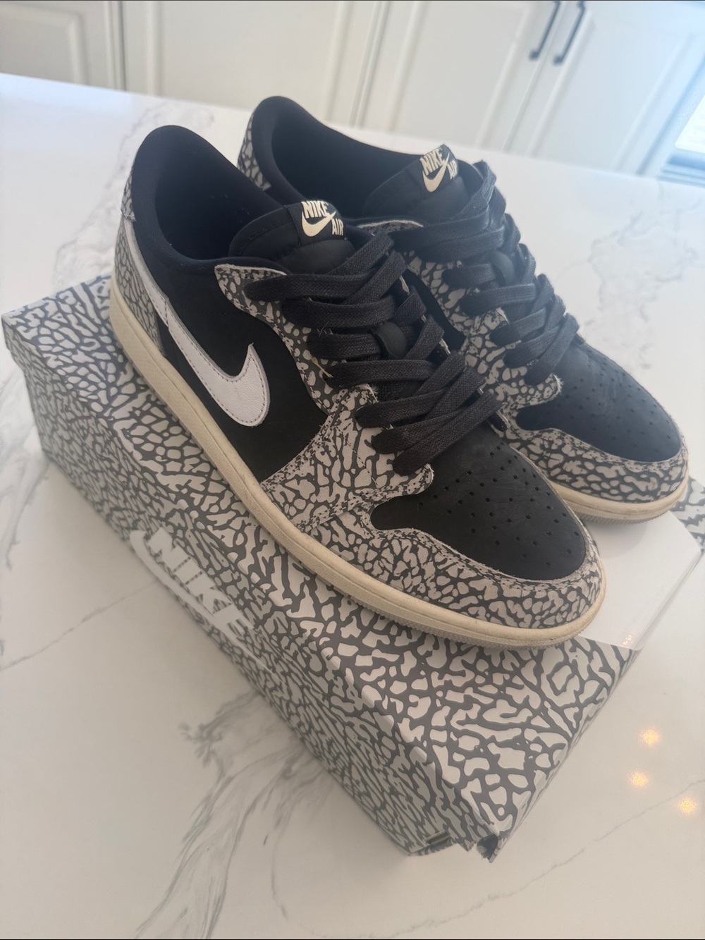 Jordan 1 low OG Nike Men’s Black and White Low-Top Sneakers with Elephant Print